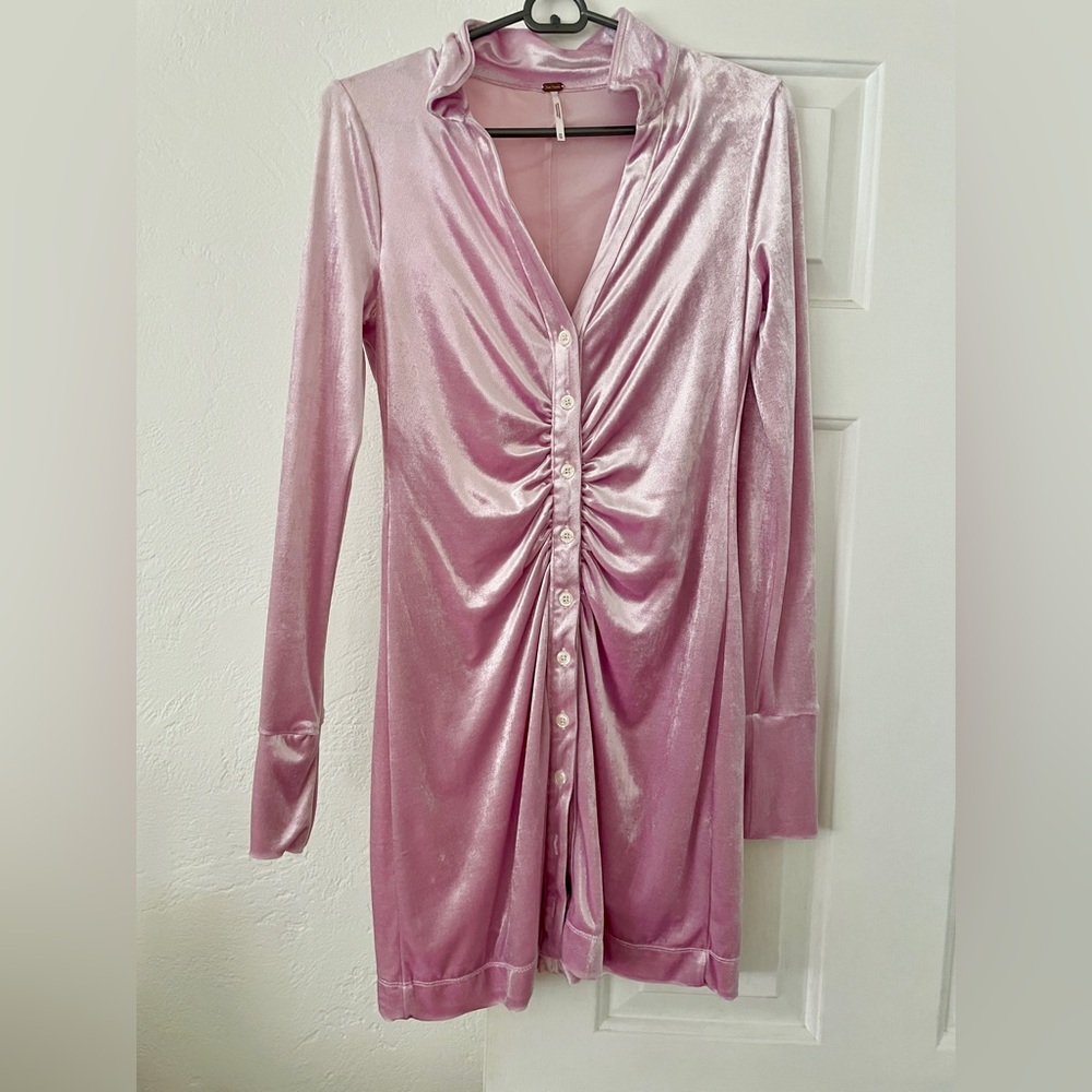 FREE PEOPLE Pink Velvet Button-Down Dress